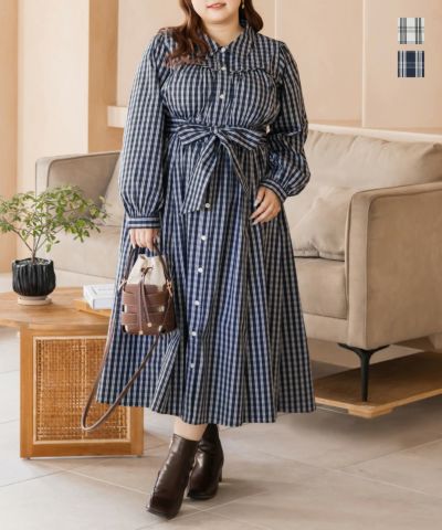CLETTEオリジナルビスチェ風切替チェック柄シャツワンピース | 大きい