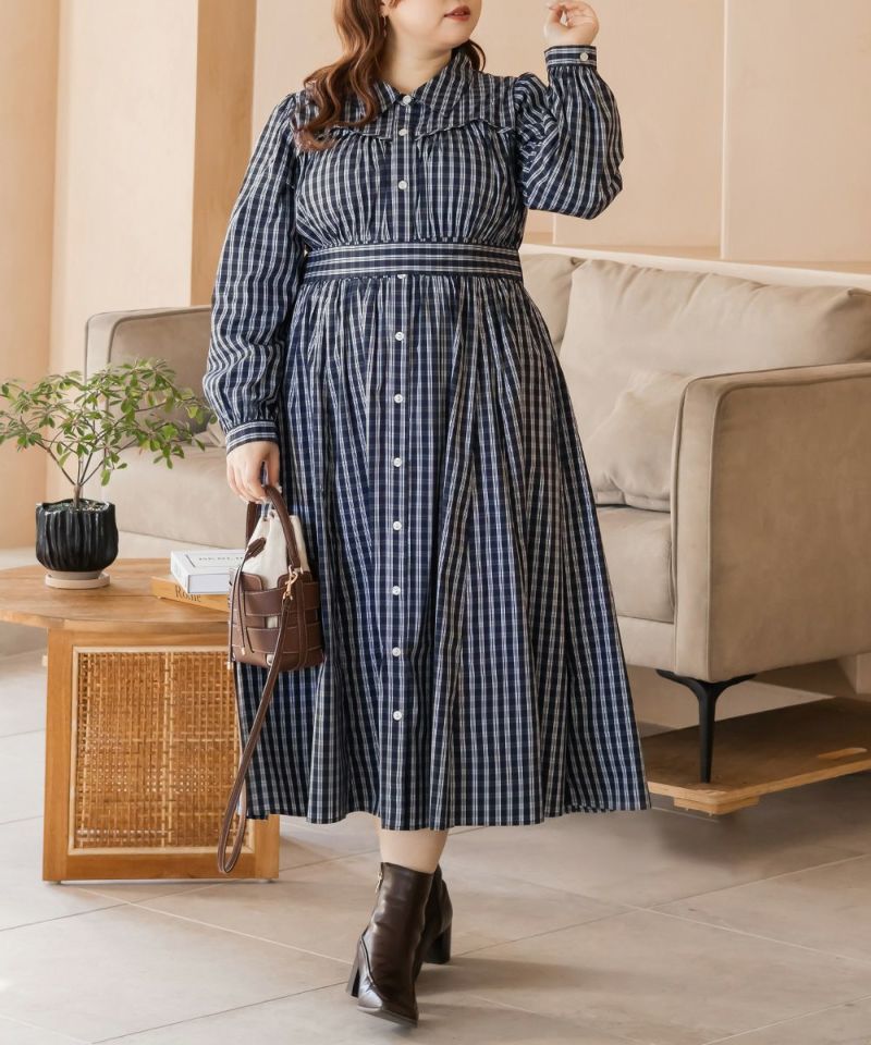 2025AWウールコットンチェックインバーテッドプリーツバンドシャツワンピース CLETTEオリジナルビスチェ風切替チェック柄シャツワンピース | 大きい