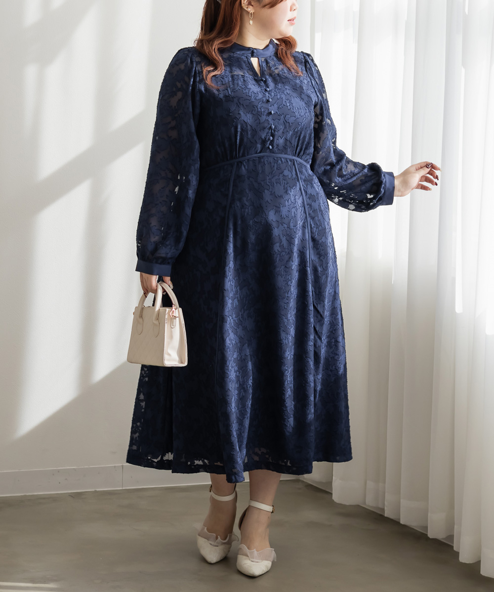 CLETTEオリジナルパイピングデザインシアー花柄ワンピース　ネイビー　3L CLETTEオリジナルパイピングデザインシアー花柄ワンピース | 大きい