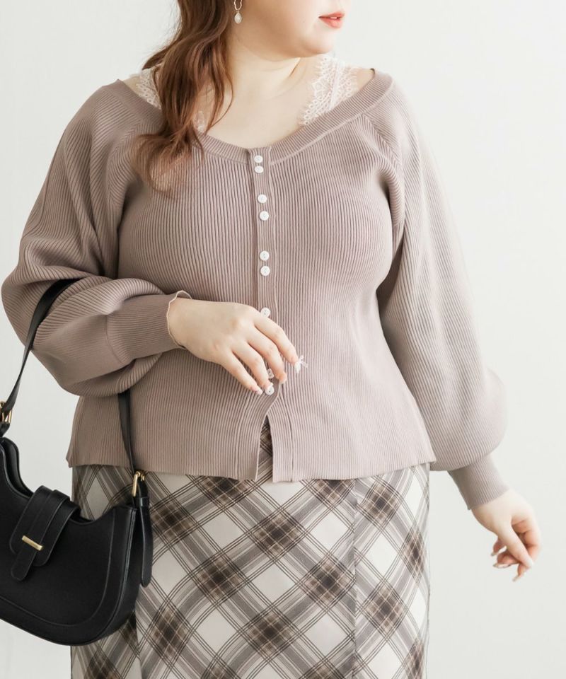 CLETTEオリジナルレースレイヤード風フロントボタンニット | 大きい